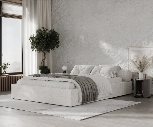 Krémszínű kárpitozott ágyneműtartós franciaágy ágyráccsal 160x200 cm Solvo – Maison de Rêve