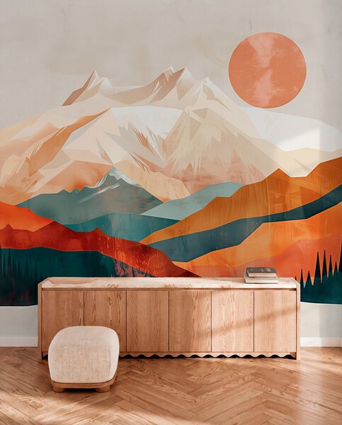 Fotótapéta Boho boldogság: hegyek, fák és napsütéses nyugodt táj, Panoráma fotótapéta, w01358 : Uwalls.hu