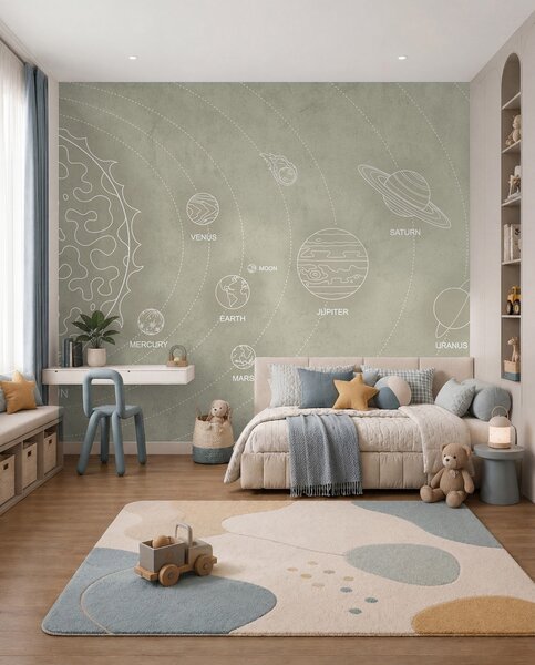 Fotótapéta Naprendszer minimalista stílusban, hűvös bézs színű háttéren, Fotótapéta űr, w02344 : Uwalls.hu