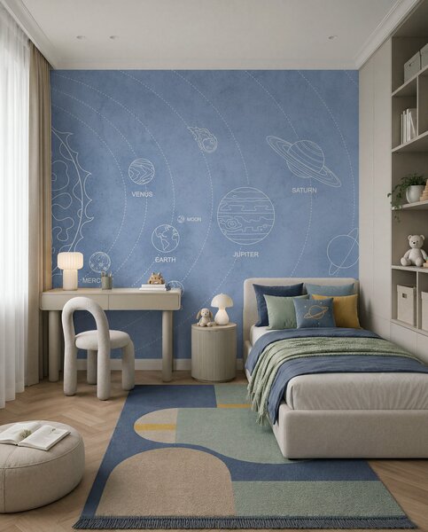 Fotótapéta Naprendszer minimalista stílusban, kék textúrájú háttéren, Fotótapéta űr, w02344v1 : Uwalls.hu