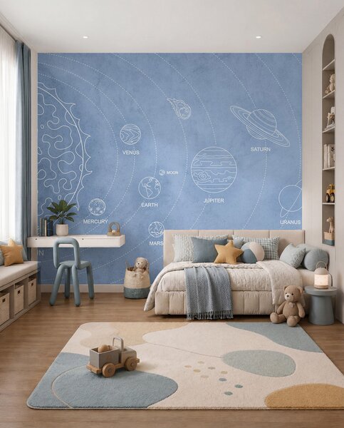 Fotótapéta Naprendszer minimalista stílusban, kék textúrájú háttéren, Fotótapéta űr, w02344v1 : Uwalls.hu