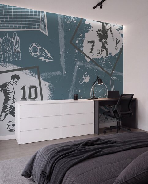 Fotótapéta Labdarúgók, labda és egyéb labdarúgó attribútumok kék, Fotótapéta tini szoba, Fotótapéta tini szoba futball, w03122 : Uwalls.hu