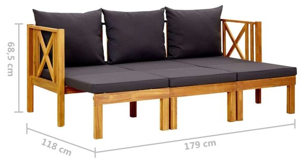 Háromszemélyes tömör akácfa kerti pad párnákkal 179 cm