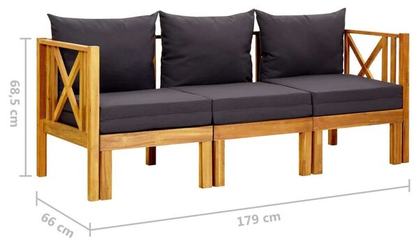 Háromszemélyes tömör akácfa kerti pad párnákkal 179 cm