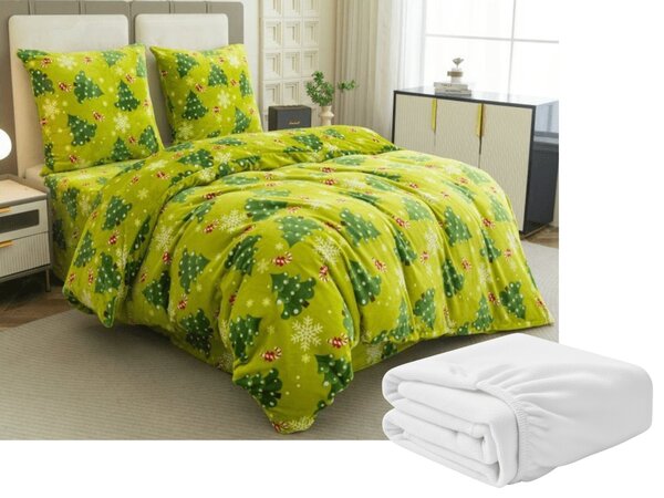 Mikroplüss ágyneműhuzat szett CHRISTMAS TREE zöld + mikroplüss lepedő SOFT 90x200 cm fehér, egyszemélyes ágyra