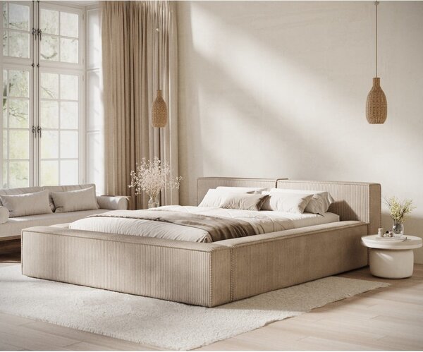 Bézs kárpitozott ágyneműtartós franciaágy ágyráccsal 180x200 cm Voliera – Maison de Rêve