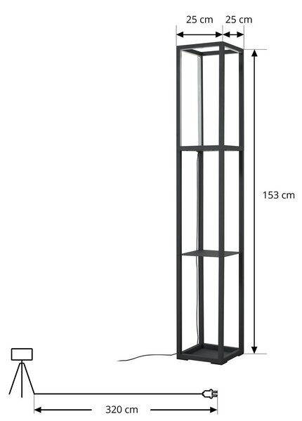 Lindby LED álló világítás Birta, polc, 155 cm, fekete, fém, dimmelhető, Fekete, Nappali / Étkező, fém, Modern