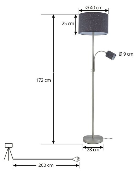 Lindby Jaileen álló világítás, szürke, textil, 170 cm, olvasólámpa, Alu / szürke / cink, Nappali / Étkező, fém, Modern
