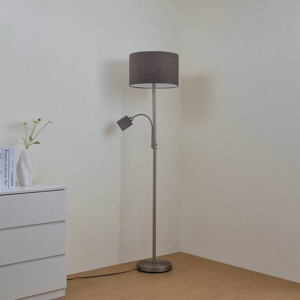 Lindby Jaileen álló világítás, szürke, textil, 170 cm, olvasólámpa, Alu / szürke / cink, Nappali / Étkező, fém, Modern