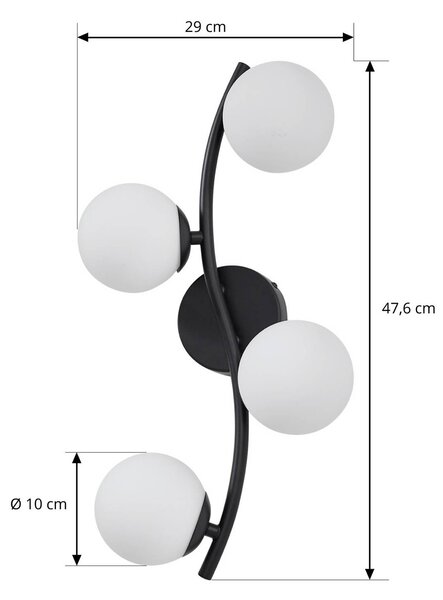 Lindby Josiana fali világítás, opál/fekete, 48 cm, gömb, üveg, dimmelhető, Fekete, Nappali / Étkező, Üveg, Modern