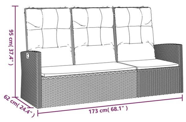 VidaXL fekete polyrattan dönthető kerti pad párnával 173 cm