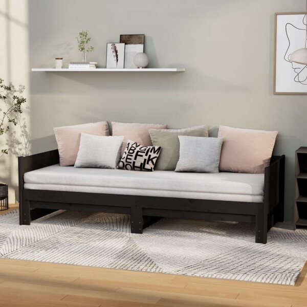 VidaXL fekete tömör fenyőfa kihúzható kanapéágy 2x(90x190) cm