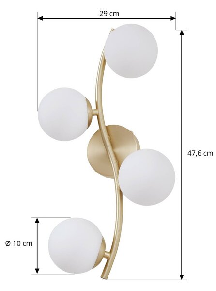 Lindby Josiana fali világítás, opál/sárgaréz, 48 cm, gömb, üveg, dimmelhető, Sárgaréz / arany, Nappali / Étkező, Üveg, Modern