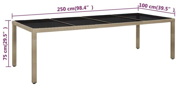 Polyrattan Kerti Asztal - Edzett Üveg - 250x100x75 cm