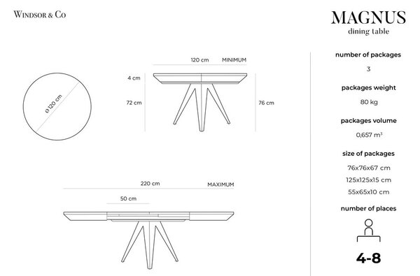 Kerek bővíthető étkezőasztal tölgyfa dekoros asztallappal hosszabbító asztallappal ø 120 cm Magnus – Windsor & Co Sofas