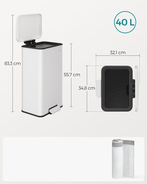 Pedálos szemeteskuka 40L, fehér, 15 szemeteszsákkal
