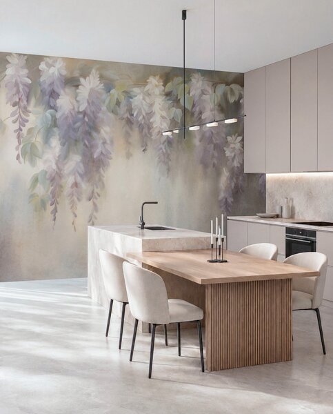 Fotótapéta Texturált, világoslila wisteria virágok, zöld levelekkel, pasztell háttér előtt, Természet fotótapéta, w09896 : Uwalls.hu