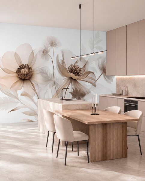 Fotótapéta Nagy, áttetsző, szepia színű virágok, finom szirmokkal, tollszerű levelekkel és kisebb, Fotótapéta egyedi, w09900 : Uwalls.hu