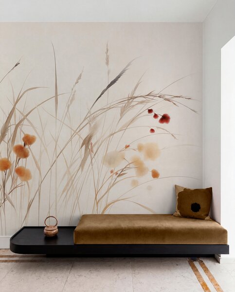 Fotótapéta Magas fűszálak és apró narancssárga vadvirágok halvány háttér előtt, texturált boho, Természet fotótapéta, w09902 : Uwalls.hu