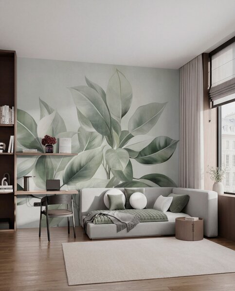 Fotótapéta Világoszöld levelek halvány, lágy háttér előtt, texturált boho stílusban, Fotótapéta egyedi, w09909 : Uwalls.hu