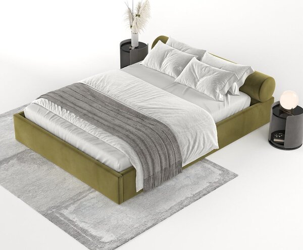 Sötétzöld kárpitozott ágyneműtartós franciaágy ágyráccsal 180x200 cm Solvo – Maison de Rêve