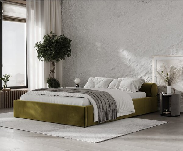 Sötétzöld kárpitozott ágyneműtartós franciaágy ágyráccsal 180x200 cm Solvo – Maison de Rêve