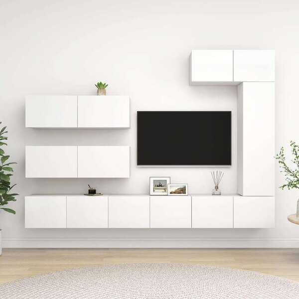 Modern Fehér TV-Szekrény Szett - 7 Rész - Falra Szerelhető