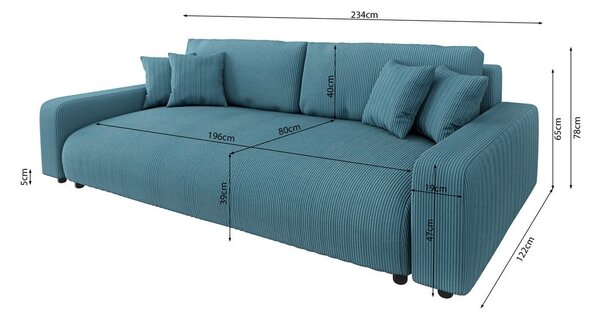 Türkiz kordbársony kinyitható tárolóhelyes kanapé 234 cm Sara – Ropez