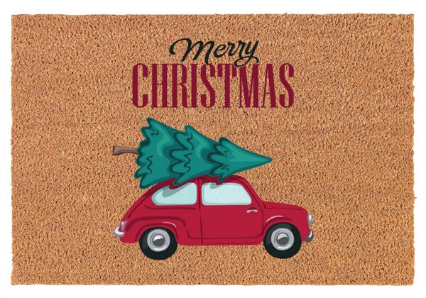 HOME DD60257 Lábtörlő autóval, Merry Christmas, kókuszrost, 40x60cm, natúr