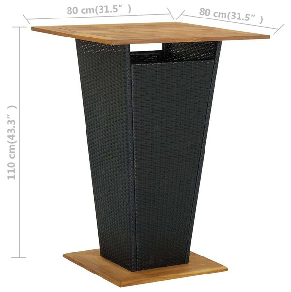 Fekete polyrattan és tömör akácfa bárasztal 80 x 80 x 110 cm
