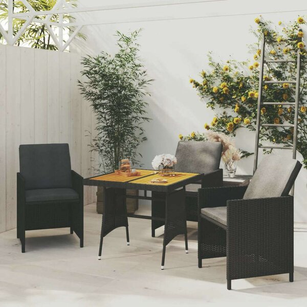 Kerti Asztal - Fekete Polyrattan - Akácfa - 70x70 cm