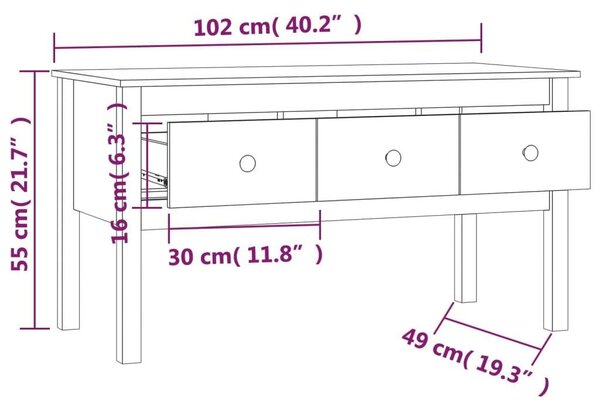 Fenyőfa Dohányzóasztal - 3 Fiókos - Szürke - 102x49x55 cm