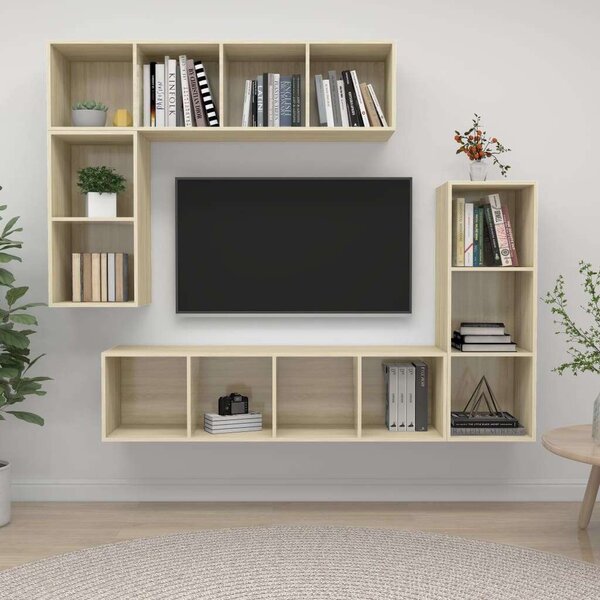 4 részes tölgyszínű forgácslap tv-szekrény szett