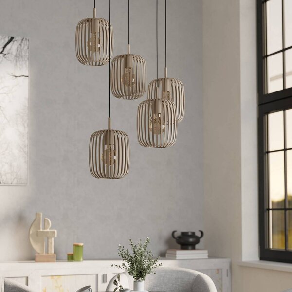 EGLO Romazzina függőlámpa, homokszínű, acél, Ø 50 cm, 5 lámpás., dimmelhető, Krém / borostyánsárga, Nappali / Étkező, fém, Modern