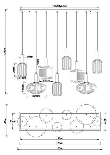 Globo Normy függőlámpa, 125 cm hosszú, színes, üveg, 8-as lámpa., dimmelhető, Többszínű, Nappali / Étkező, Üveg