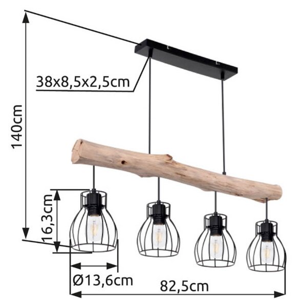 Globo Mina függőlámpa, 83 cm hosszú, fekete/barna, 4 lámpás., dimmelhető, Világos fa, Nappali / Étkező, Fa