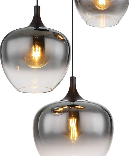 Globo Maxy függőlámpa, Ø 48 cm, füstszürke, üveg, 3 lámpás., dimmelhető, Alu / szürke / cink, Nappali / Étkező, Üveg