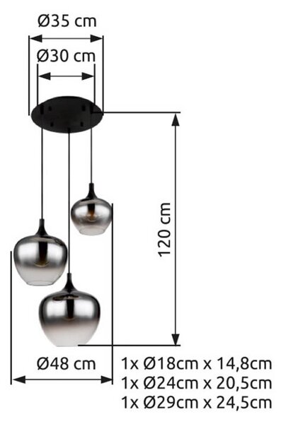 Globo Maxy függőlámpa, Ø 48 cm, füstszürke, üveg, 3 lámpás., dimmelhető, Alu / szürke / cink, Nappali / Étkező, Üveg
