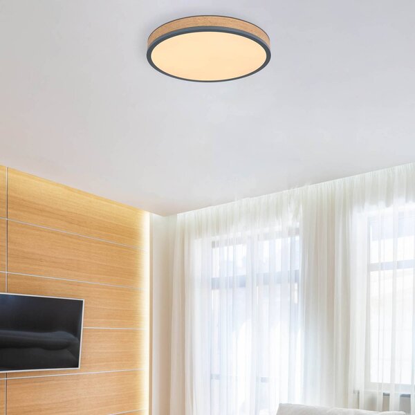 Globo LED mennyezeti lámpa Doro, Ø 45 cm, sötét grafit/fa, fa, CCT, dimmelhető, Sötét fa, Nappali / Étkező, Fa, Modern