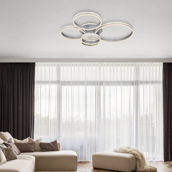 Globo Rubio LED mennyezeti lámpa, hossza 114 cm, szürke, CCT, 5 lámpás, fényszóró, dimmelhető, Alu / szürke / cink, Nappali / Étkező, fém, Modern