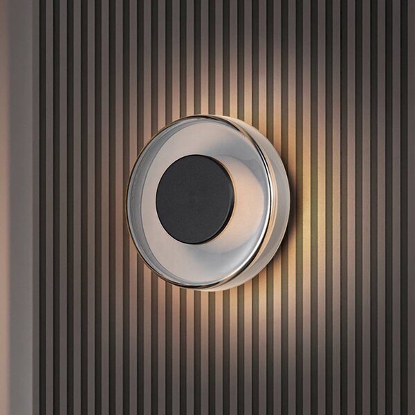 Trio Lighting LED fali lámpa Celeste, fekete/króm, Ø 22 cm üveg, fényerőszabályzó, dimmelhető, Króm / ezüst, Nappali / Étkező, Üveg, Modern