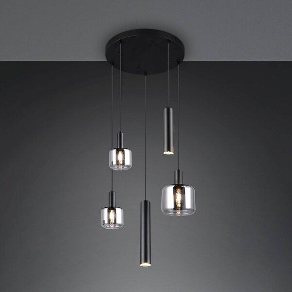 Trio Lighting Mataro függőlámpa, króm/fekete, Ø 55 cm 5 lámpás üveg/fém, dimmelhető, Króm / ezüst, Nappali / Étkező, Üveg, Modern