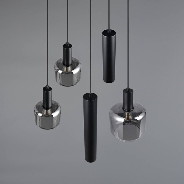 Trio Lighting Mataro függőlámpa, króm/fekete, Ø 55 cm 5 lámpás üveg/fém, dimmelhető, Króm / ezüst, Nappali / Étkező, Üveg, Modern
