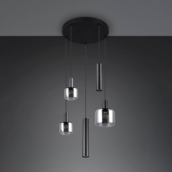 Trio Lighting Mataro függőlámpa, króm/fekete, Ø 55 cm 5 lámpás üveg/fém, dimmelhető, Króm / ezüst, Nappali / Étkező, Üveg, Modern