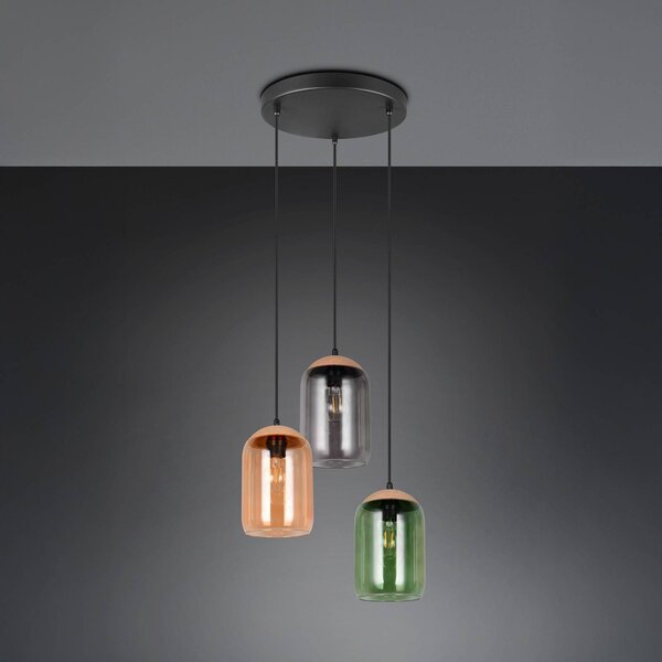 Trio Lighting Cork függőlámpa, többszínű, Ø 30 cm, 3-as lámpa, üveg/parafa, dimmelhető, Többszínű, Nappali / Étkező, Üveg, Modern