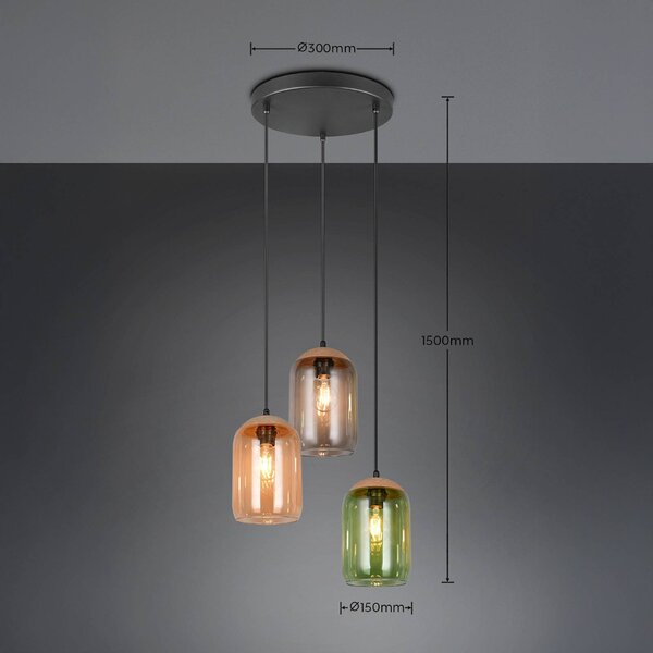 Trio Lighting Cork függőlámpa, többszínű, Ø 30 cm, 3-as lámpa, üveg/parafa, dimmelhető, Többszínű, Nappali / Étkező, Üveg, Modern
