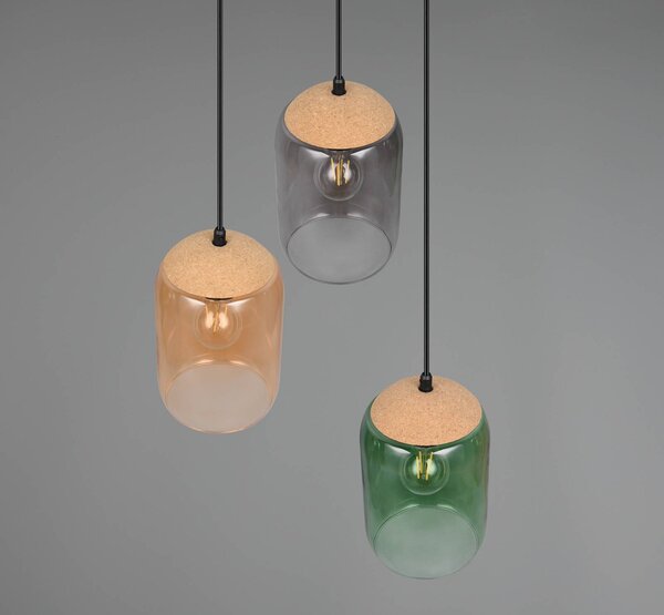 Trio Lighting Cork függőlámpa, többszínű, Ø 30 cm, 3-as lámpa, üveg/parafa, dimmelhető, Többszínű, Nappali / Étkező, Üveg, Modern