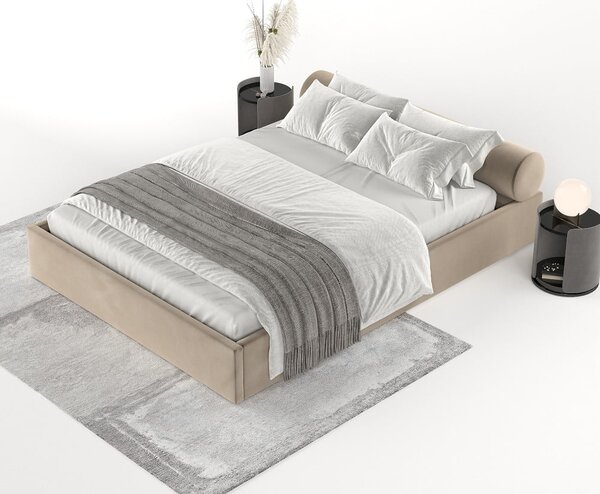 Világosbarna kárpitozott ágyneműtartós franciaágy ágyráccsal 180x200 cm Solvo – Maison de Rêve