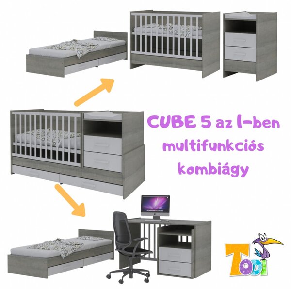 Todi Cube 2 - 5 az 1-ben multifunkciós kombiágy (szürke osló tölgy – magasfényű jégfehér)