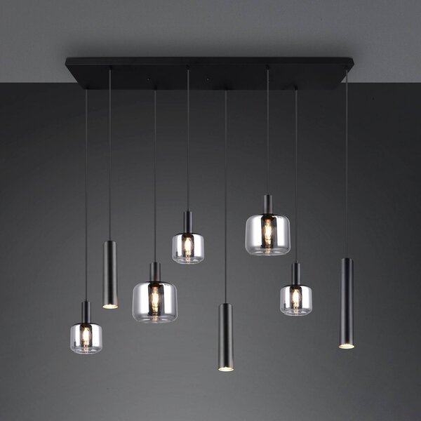 Trio Lighting Mataro függőlámpa, króm/fekete, 118 cm, 8-as üveg/fém, lámpa, dimmelhető, Króm / ezüst, Nappali / Étkező, Üveg, Modern
